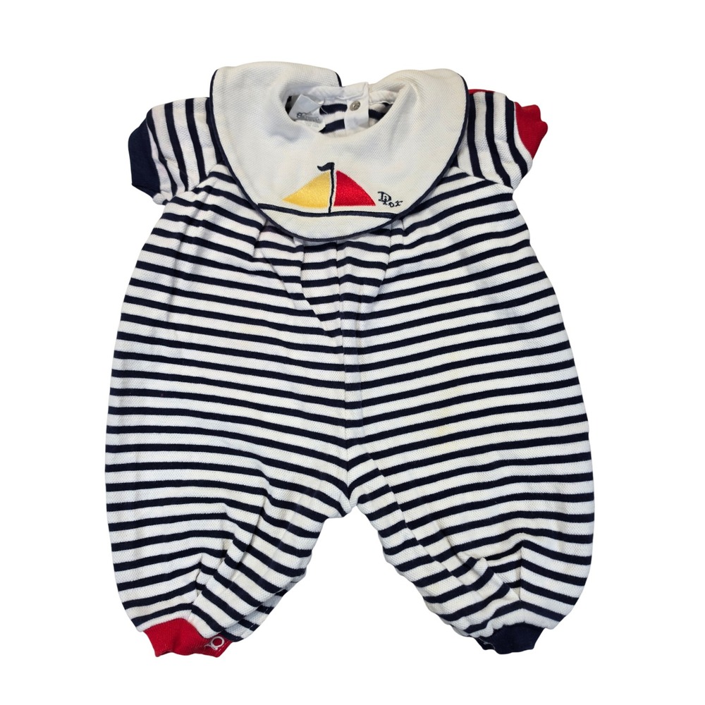Vintage Baby Dior Nautical Sailboat Striped Romper Navy White Red 6 Months USA